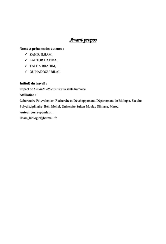 Impact de Candidas albicans sur la santé humaine
