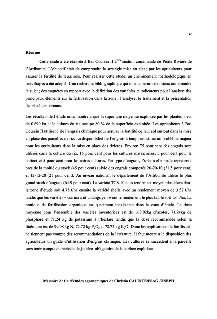 Diagnostic du mode de gestion de la fertilite du sols A Bas Coursin II