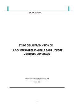 La société unipersonnelle dans l'ordre juridique congolais