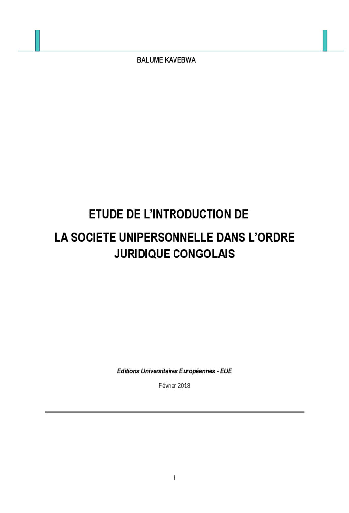 La société unipersonnelle dans l'ordre juridique congolais