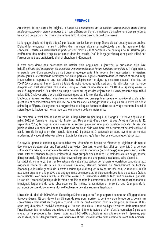 La société unipersonnelle dans l'ordre juridique congolais