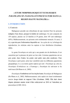 Etude morphologique et écologique Paratilapia sp. Fiamanga
