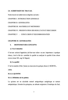 Evaluation des comprimés à base de la quinine
