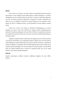 Etude experimentale et modelisation des equilibres liquide- vapeur