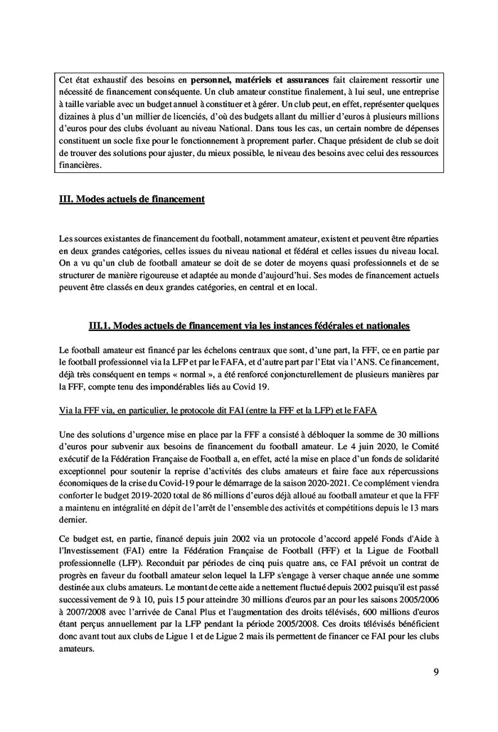 La situation économique du football amateur.