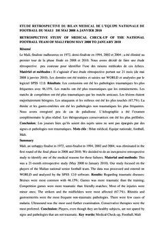 ETUDE RETROSPECTIVE DU BILAN MEDICAL DE L'EQUIPE NATIONALE DE FOOTBALL DU MALI