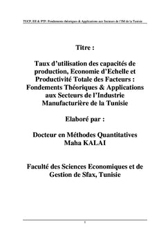 TUCP, Economie d'Echelle et Productivité Totale des Facteurs