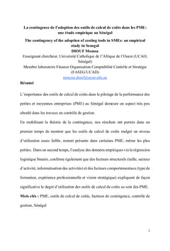 La contingence de l'adoption des outils de coûts dans les PME