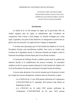 Sommaire de la Politique Fiscale 2023, Mali