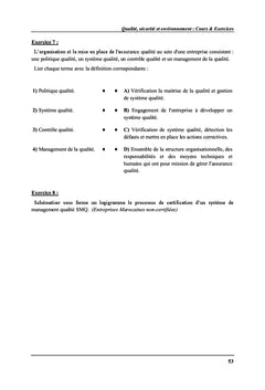Qualite, Securite et environnement : Cours & exercices