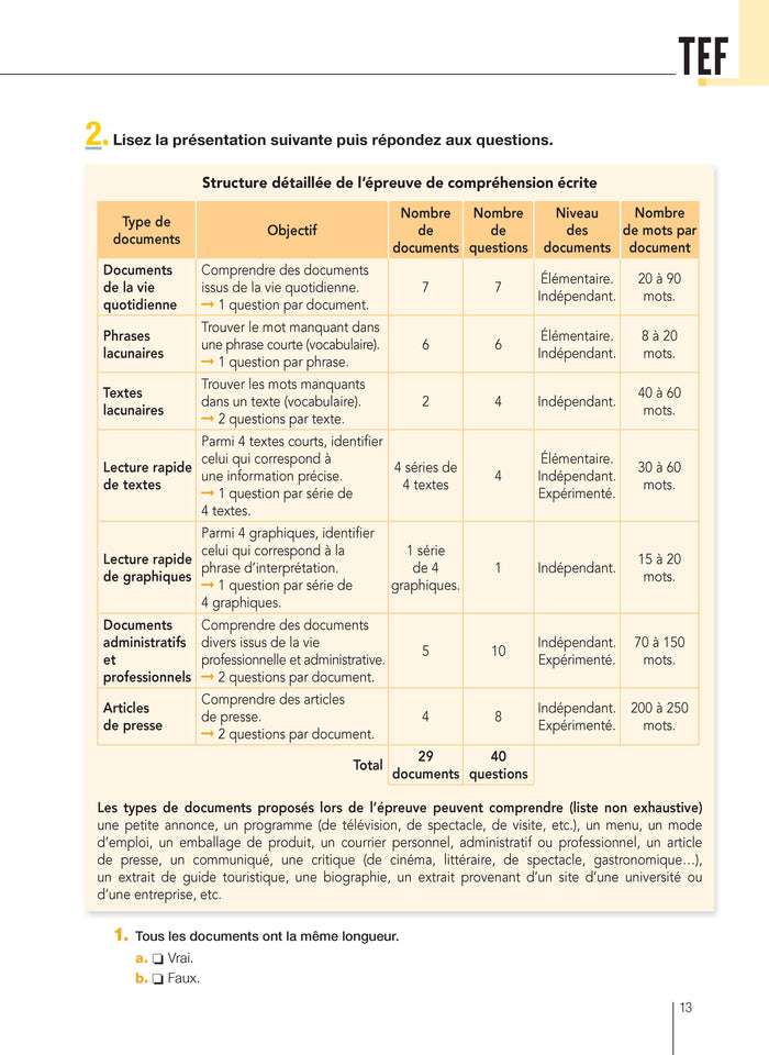 TEF test d'évaluation de français - Livre d'entraînement