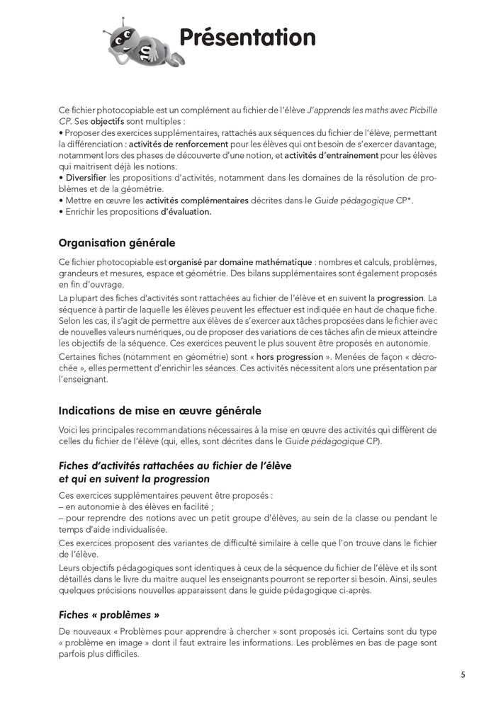 J'apprends les maths avec Picbille CP - Fiches renforcement et différenciation