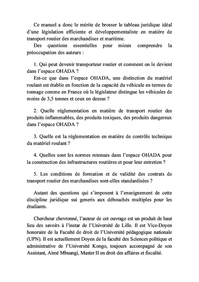 Manuel simplifié du droit des transports routier et maritime(OHADA et CEMAC)