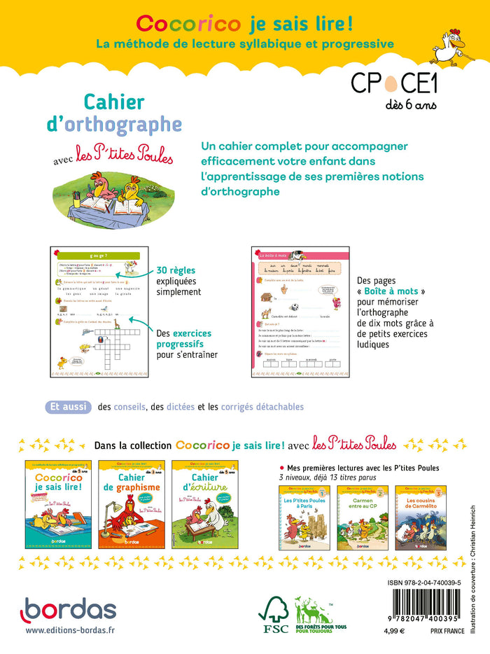 Cocorico je sais lire ! - Cahier d'orthographe avec les P'tites Poules