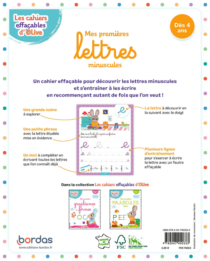 Les cahiers effaçables d'Olive - Mes premières lettres minuscules