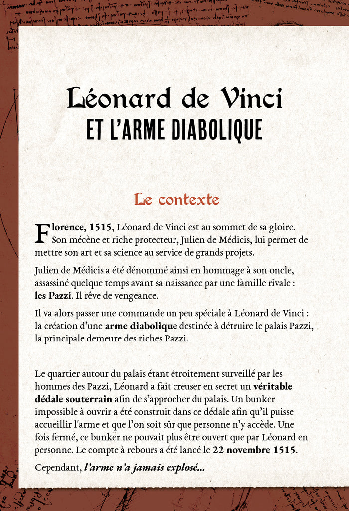 Escape game adultes Léonard de Vinci et l'arme diabolique