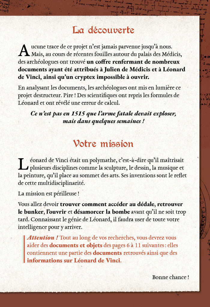 Escape game adultes Léonard de Vinci et l'arme diabolique