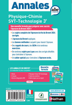 Annales Brevet Physique Chimie - SVT - Techno 2025 - Corrigé