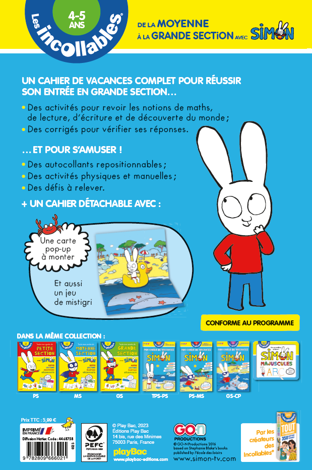 Cahier de vacances 2026 Simon - Les incollables - Moyenne Section à Grande Section - 4/5 ans