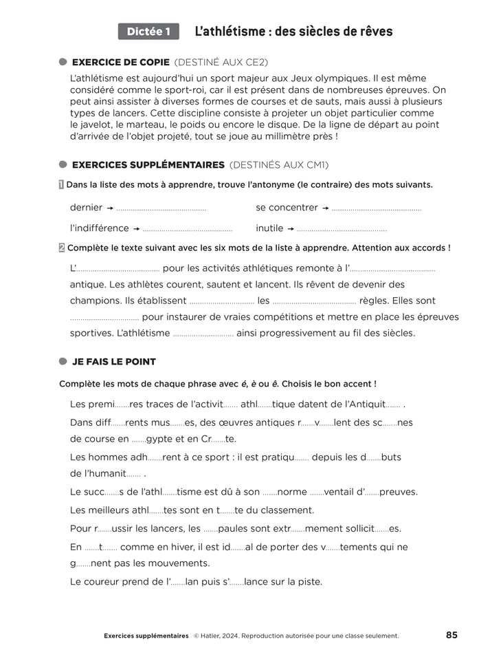 En route pour la dictée CE2-CM1 ! Vive le sport ! Ed. 2024 - Fichier de l'enseignant