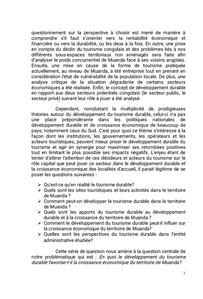 Activités touristiques et indicateurs du tourisme durable à Muanda/RDC