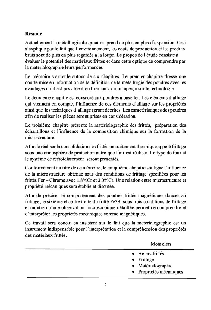 Relation entre la microstructure et les proprietes des aciers frittes