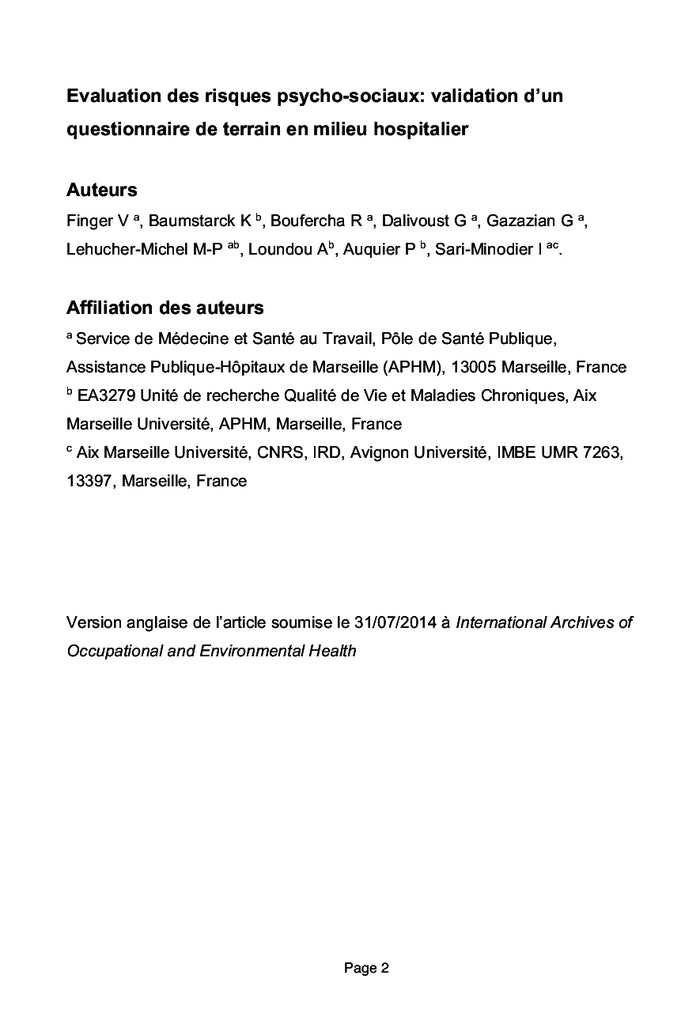 Evaluation des RPS: validation d'un questionnaire de terrain