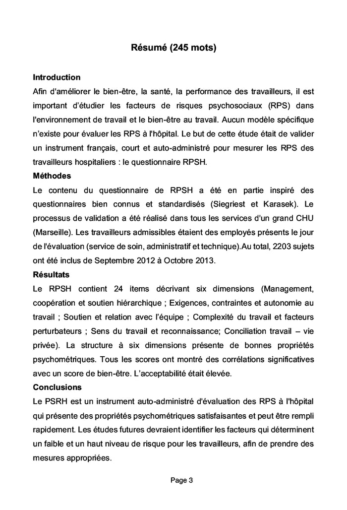 Evaluation des RPS: validation d'un questionnaire de terrain