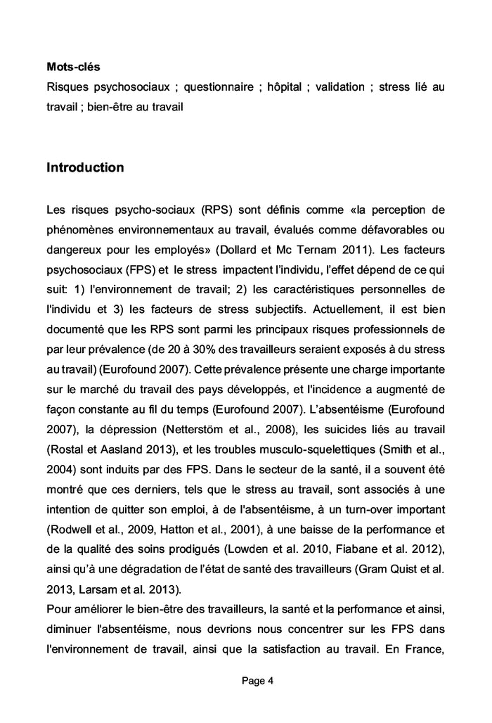 Evaluation des RPS: validation d'un questionnaire de terrain