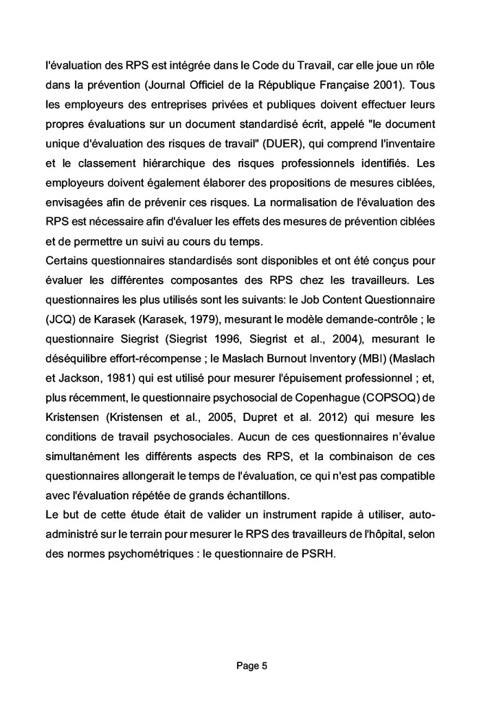 Evaluation des RPS: validation d'un questionnaire de terrain