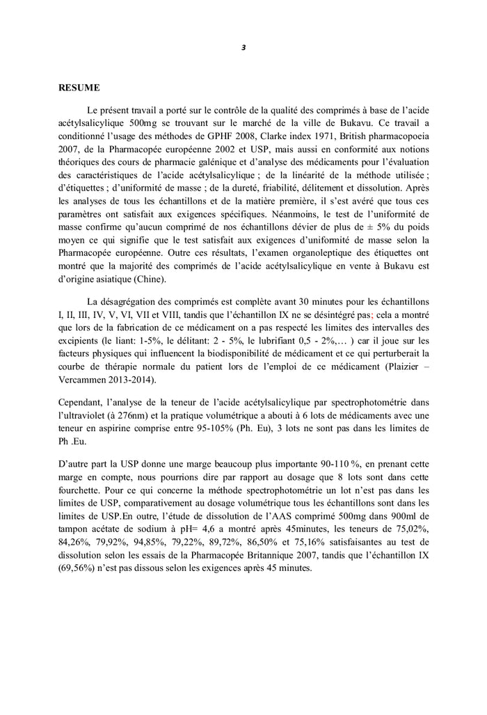 Contrôle de la qualité de l'aspirine comprimé 500 mg