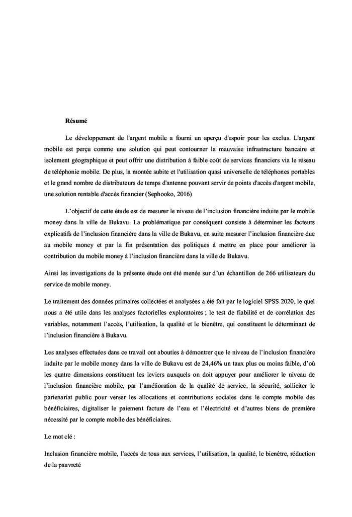 Mobile money et inclusion financière dans la ville de Bukavu