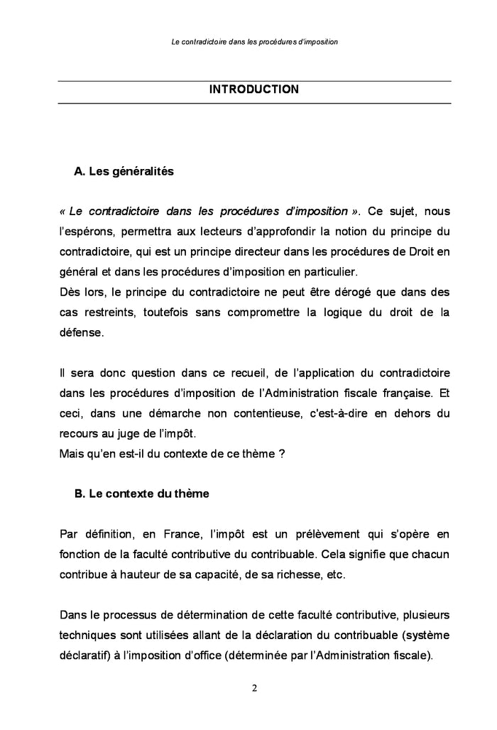 Le contradictoire dans les procedures d'imposition