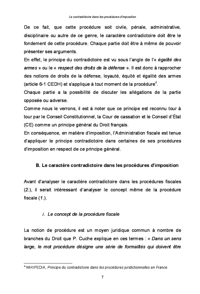 Le contradictoire dans les procedures d'imposition