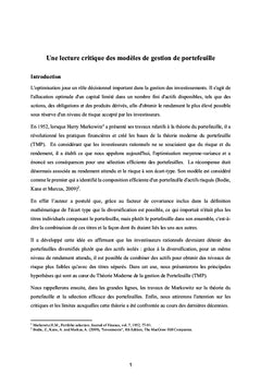 Une lecture critique des modèles de gestion de portefeuille