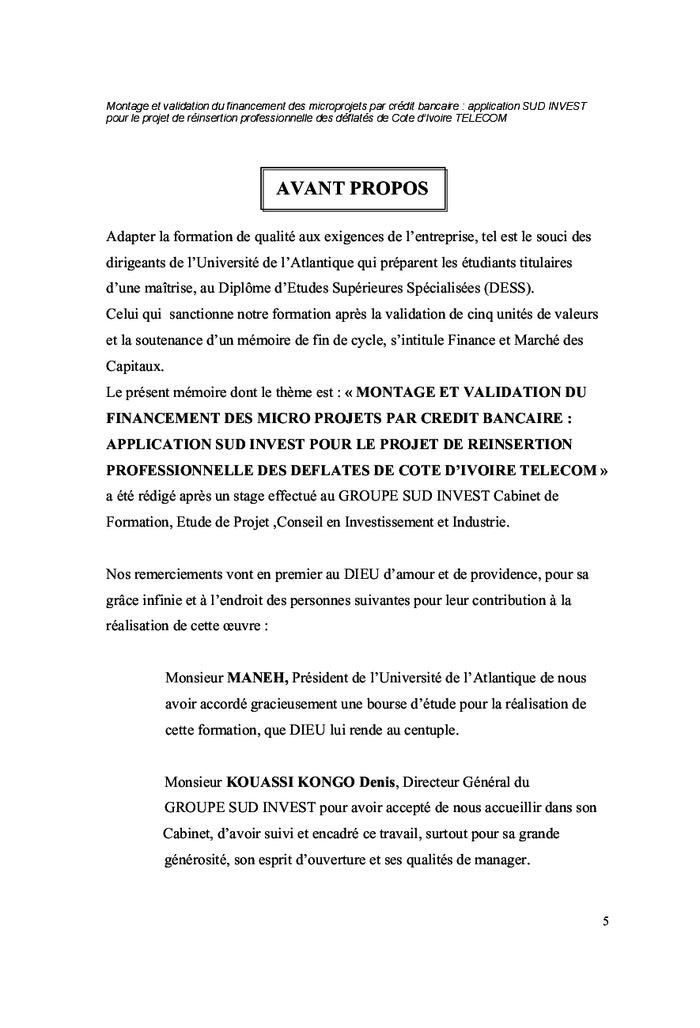 Financement des micros projets par credit bancaire