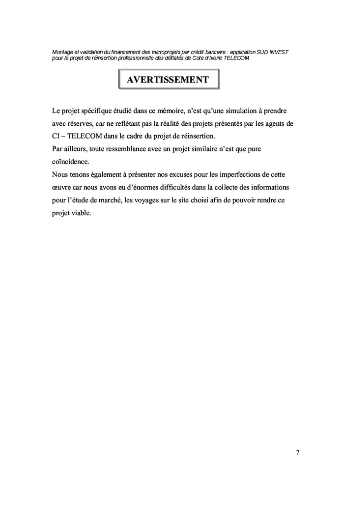 Financement des micros projets par credit bancaire