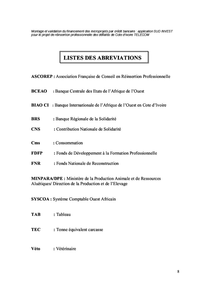 Financement des micros projets par credit bancaire