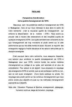 Perspective d'amelioration de la qualite de l'enseignement de l'ePS