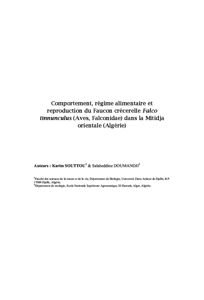 Comportement, régime alimentaire et reproduction du Faucon crécerelle