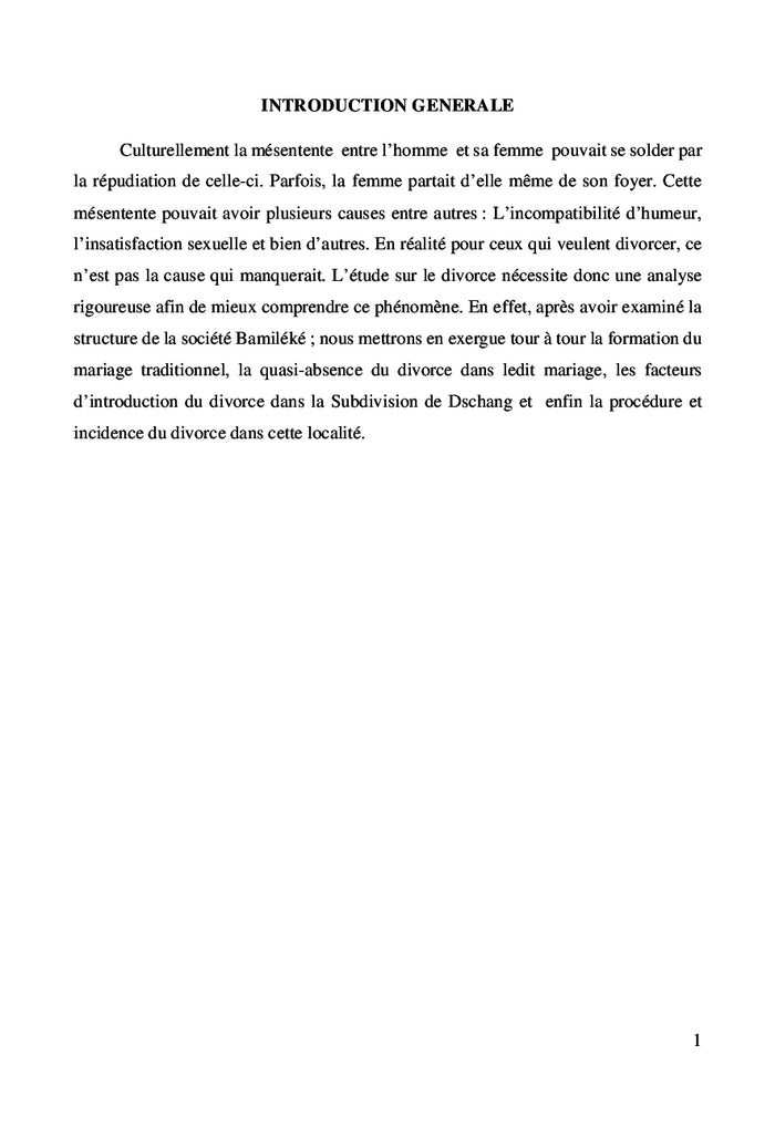 Le divorce chez les Bamileke (Ouest Cameroun) de 1922 A 1960: