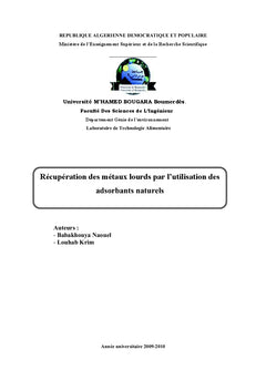Adsorption des métaux lourds par l'utilisation des adsorbants naturels