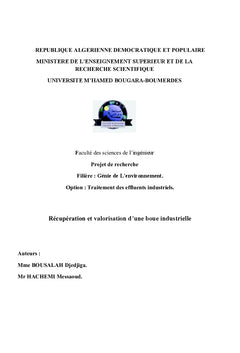 Recuperation et valorisation d'une boue industrielle