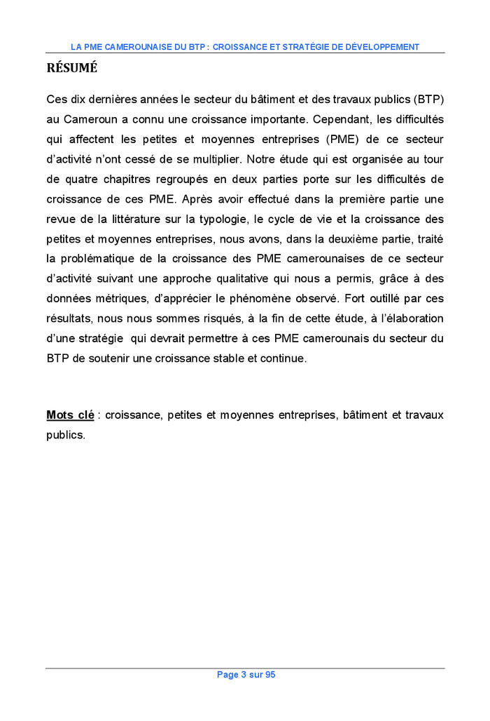 La PME camerounaise du BTP : croissance et strategie de developpement