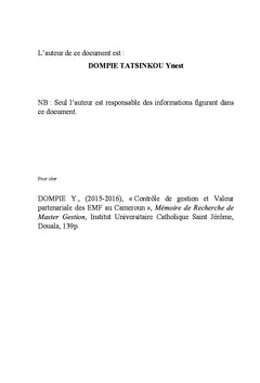 Controle de gestion et Valeur partenariale des eMF au Cameroun