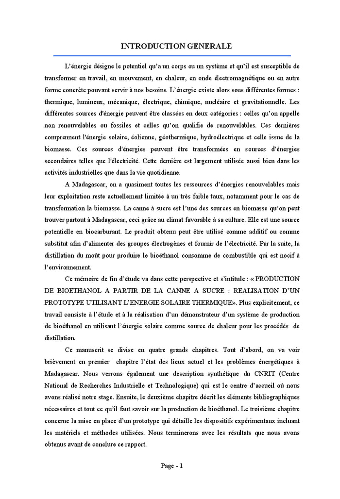 Production de bioethanol A partir de la canne A sucre