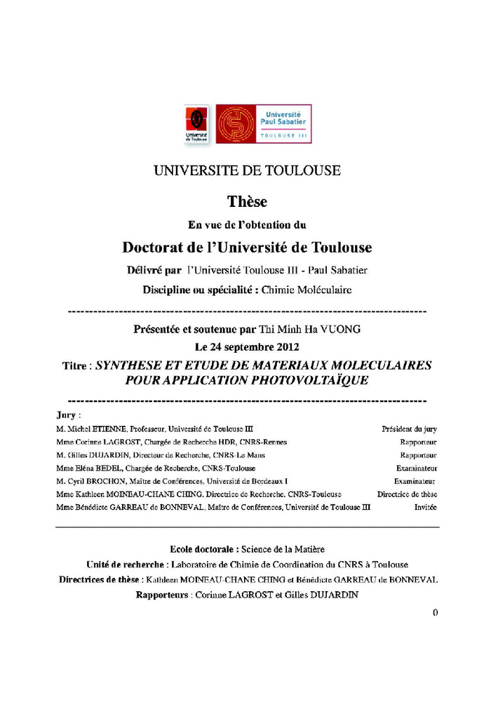 Etude de matériaux moléculaires pour application photovoltaïque