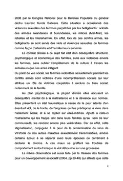 Vécu psychoaffectif des femmes victimes de violence sexuelle au Kivu