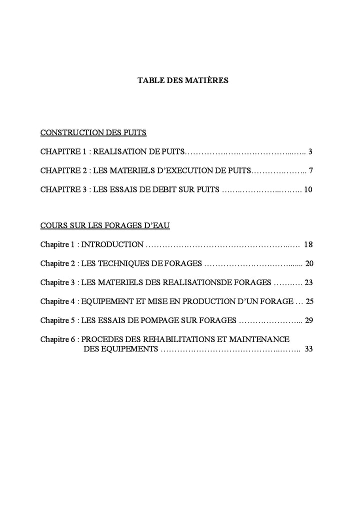 Construction des Puits. Forages d'eau