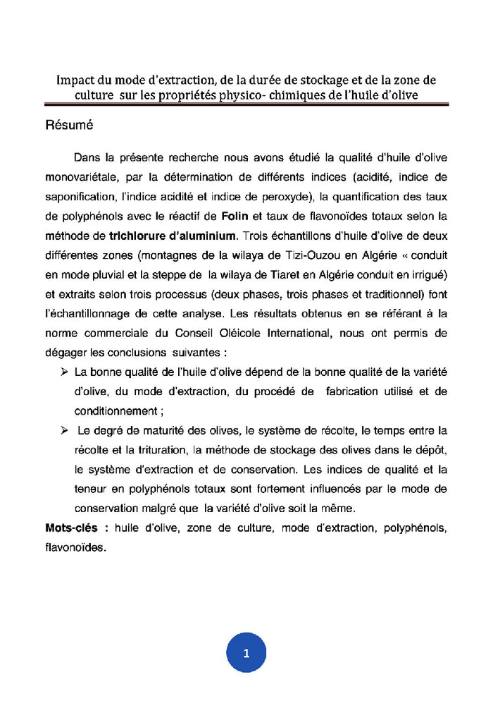 Les propriétés physico-chimiques de l'huile d'olive